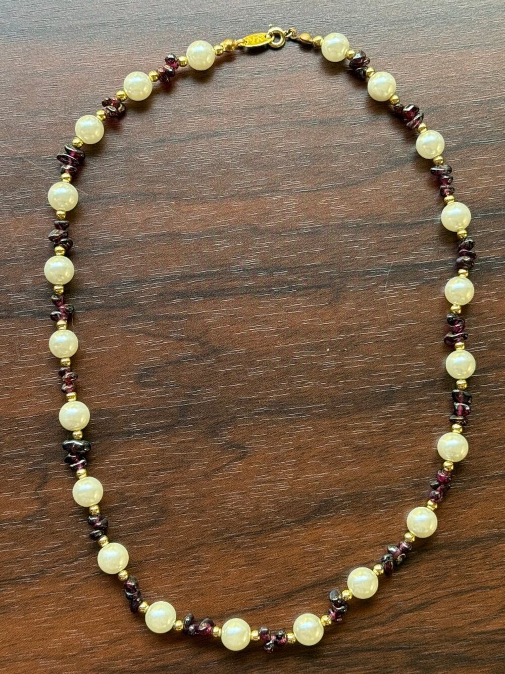 Vintage YR Faux Pearl and Garnet Chip Necklace
